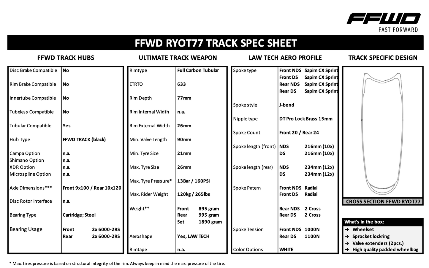 OFFER - FFWD RYOT 77 Track Wheelset + Vittoria Pista Speed Tyres + Gluing