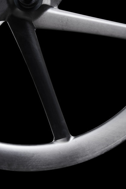 False Flat Bike Ahead Composites BiTurbo Gravel Aero carbon wheel with a unique six-spoke aerodynamic design
