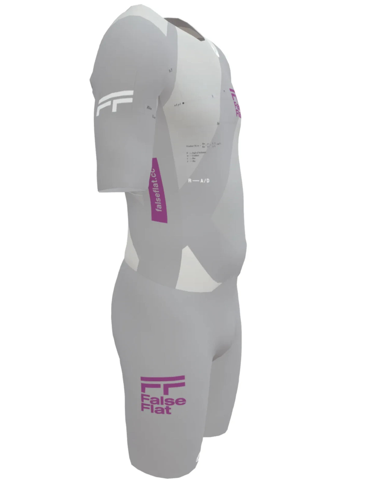 False Flat x Castelli Sanremo speedsuit in grey with purple branding, featuring aerodynamic technical fabric panels.