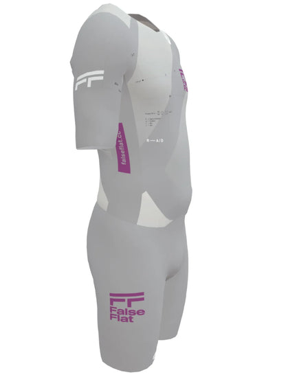 False Flat x Castelli Sanremo speedsuit in grey with purple branding, featuring aerodynamic technical fabric panels.