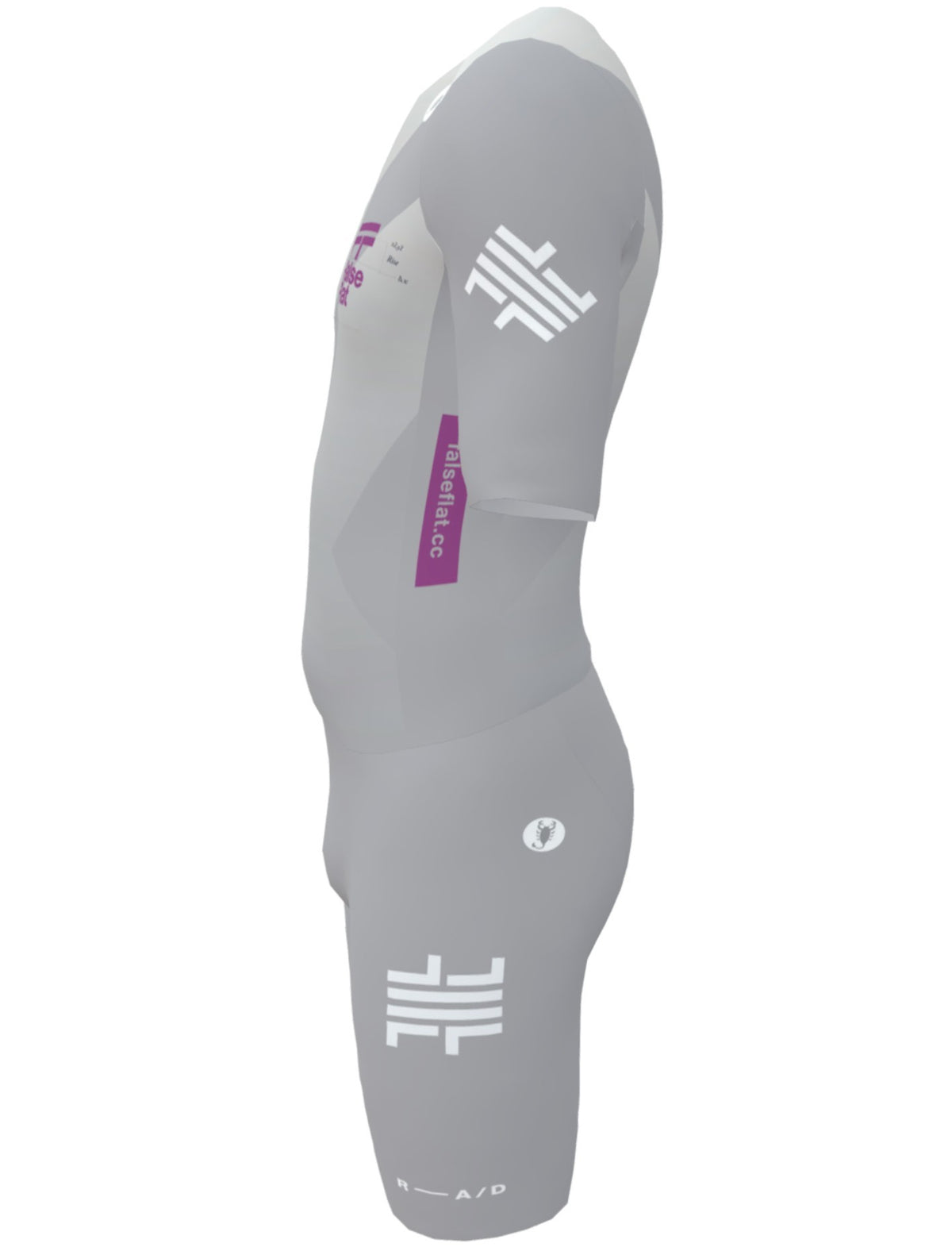 False Flat x Castelli Sanremo speedsuit in grey with purple branding and aerodynamic ribbed sleeve detailing.