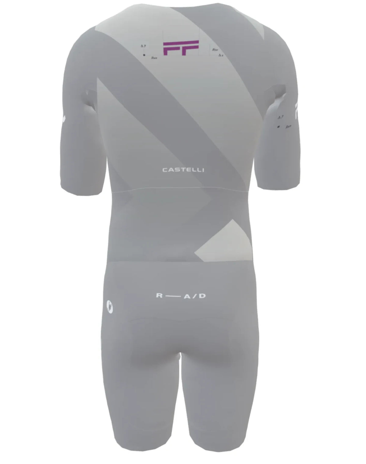 Back view of the False Flat x Castelli Sanremo Speedsuit in grey with aerodynamic ribbed fabric and branding details.