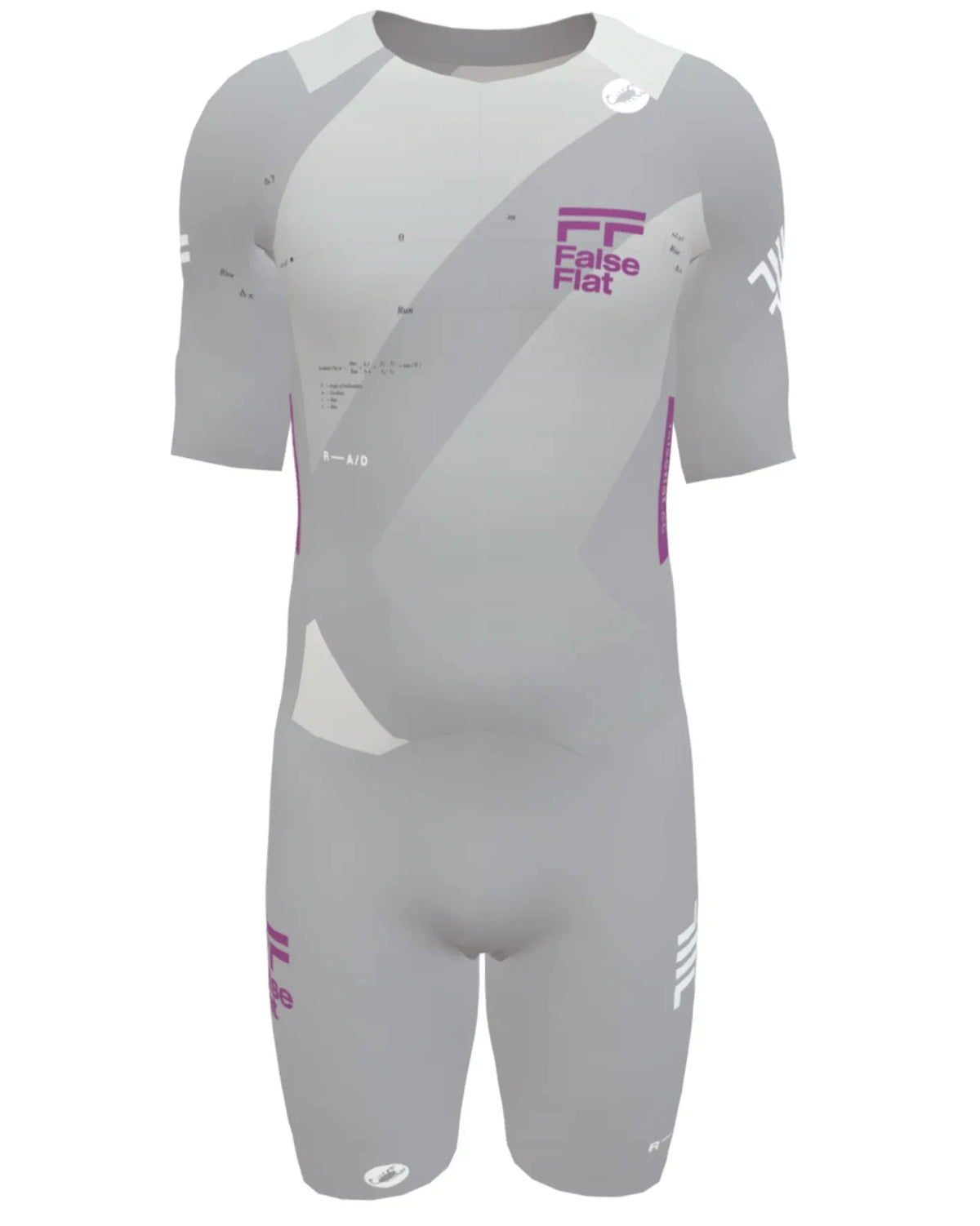False Flat x Castelli Sanremo speedsuit in grey with purple branding, featuring aerodynamic ribbed fabric details.