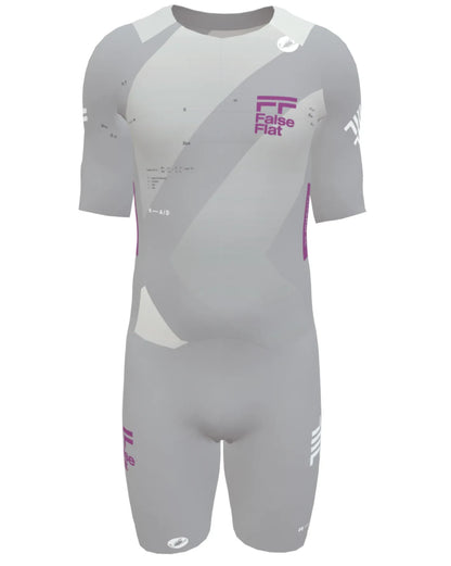 False Flat x Castelli Sanremo speedsuit in grey with purple branding, featuring aerodynamic ribbed fabric details.